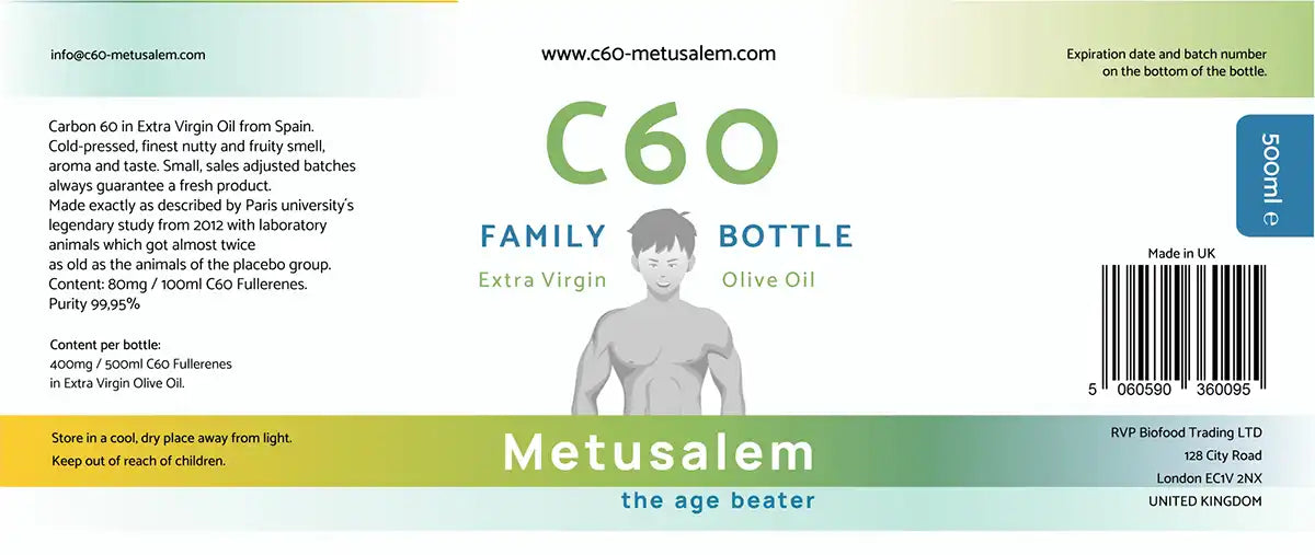 C60 Extra jungfruolivolja 500ml, Lipo-fulleren 99,95%, Bucky Balls, Familjeflaska

