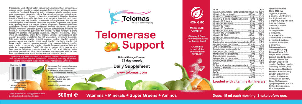 Telomerasstöd - Vitaminer + Mineraler + Supergreens + Aminosyror - 500ml