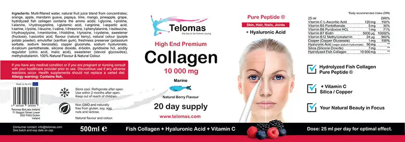 Colágeno de peixe hidrolisado líquido premium de alta qualidade 10.000 mg de peptídeo puro + ácido hialurônico + vitamina C - 500ml